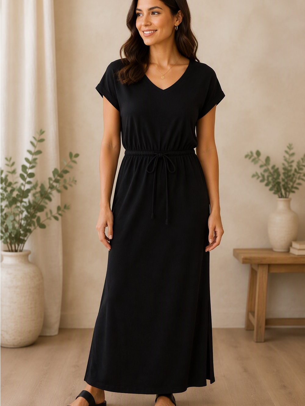 GAP Black V-Neck Drawstring Maxi Dress